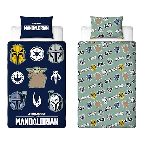 Disney Mandalorian Officially Licenced Single Duvet Cover Set - Reversible 2 Sided Bedding Including Matching Pillow Case - Friend Design With Yoda - Polycotton