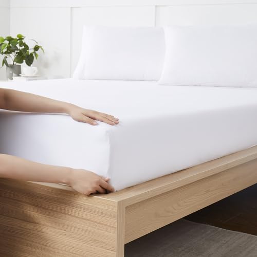 Queen Fitted Sheet Only with Full Elastic & Built in Corner Sheet Straps to Prevent Shifting - Soft & Breathable Brushed Microfiber Bottom Sheet, Queen, White