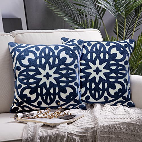 "Alysheer Embroidered Decorative Throw Pillow Covers 18""x18"" Set of 2 Pieces, Classic Boho Mandala Knit Pattern, Durable 100% Cotton Canvas Cozy Cushion Cases for Sofa Couch Living Room (Navy Blue)"