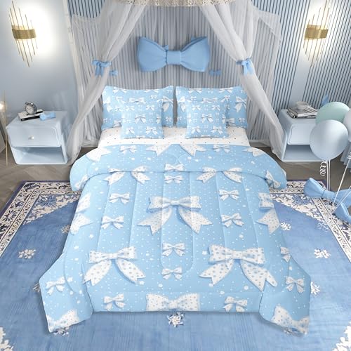Erosebridal Cute Bowknot Bedding Set Queen Size 7 Piece, Simple Polka Dots Bed Set, Cartoon Bows Printed Kids Adults Room Decor Bed in a Bag Bedding Bed Sets, Blue White Kawaii Bed Sheets Set