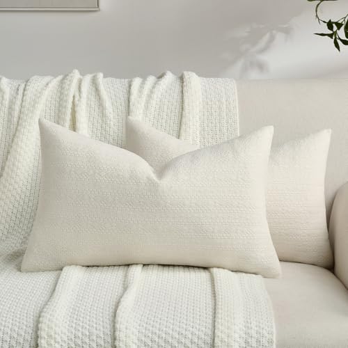 FUTEI Cream White Chenille Throw Pillow Covers 12x20 Inch Set of 2,Luxuriously Soft Argyle Textured Lumbar Pillow Cases,Modern Home Decor for Couch Living Room