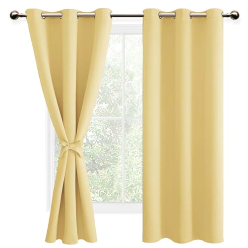 DWCN Blackout Curtains for Bedroom with Tiebacks - Room Darkening Privacy Grommet Top Window Curtains for Living Room, 42 x 63 inch Length,Yellow,Set of 2 Panels