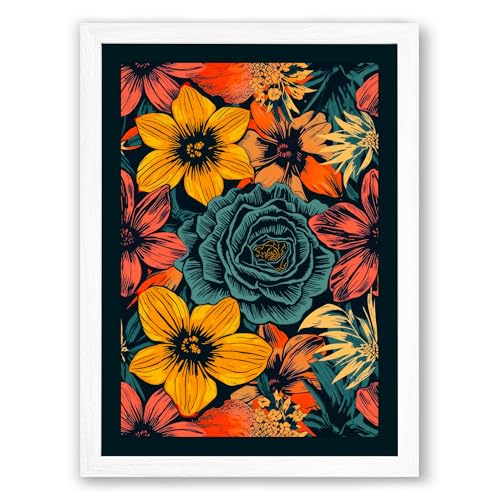 Festive Floral Tapestry Botanical Framed Wall Art Print A4 (29.7×21cm) White, Wall Decor for Living Room, Bedroom, Office & Home, Ready to Hang, Art Gift