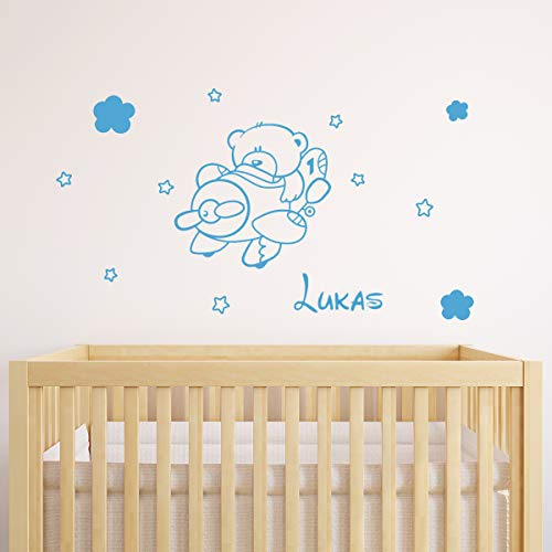 Personalised Name Stickers - Teddy Bear in the Plane Sticker - Children's Room Wall Decoration - 2 Sheets of 30 x 30 cm and 40 x 25 cm - Ice Blue