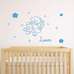 Personalised Name Stickers - Teddy Bear in the Plane Sticker - Children's Room Wall Decoration - 2 Sheets of 30 x 30 cm and 40 x 25 cm - Ice Blue
