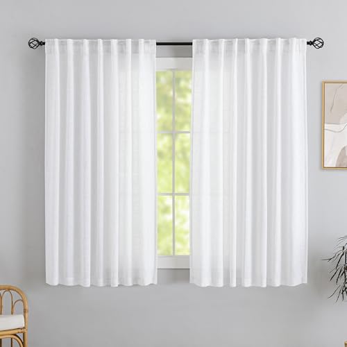 DONREN White Linen Back Tab Curtains 54 Inches Long 2 Panels for Guest Room -Elegant Modern Country Semi Sheer Privacy Drapes Hooks Belt Light Filtering Playroom Curtains W52 x L54