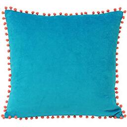 "Riva Paoletti Feather Filled Cushion Blue-Faux Velvet Fabric-Contrasting Coral Orange Pompom Edges-Hidden Zip Closure-100% Soft (18"" X 18"" Inches), Cotton, Teal, 45 X 45 cm"
