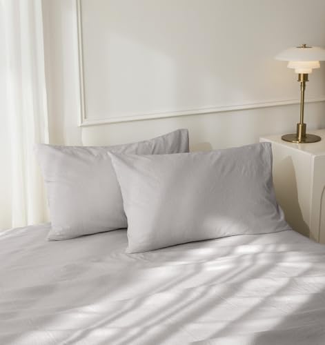 JIYUAN 100% Washed Cotton Pillowcases Set Envelope Closure Pack of 2, Linen Like Comfy and Breathable Textured Durable Bedding for All Seasons, Queen Size, Heathered Pastel Grey