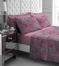 GC GAVENO CAVAILIA Double Bed Sheet Set - 4Piece Printed Bedding Set (Fitted Sheet, Flat Sheet & 2 Pillow Cases) - Warm Thermal Fluffy Bedding - Soft Polyester Fleece Bedding Sheet Set, Grey/Pink