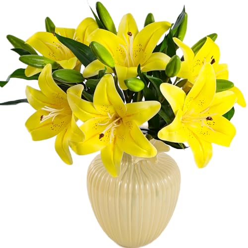 Kimura's Cabin 6Pcs Artificial Tiger Lily Flowers Real Touch Plastic Easter Spring Fake Lilies Bouquet Wedding Table Centerpiece Home Office Decor, Cemetery Grave Decorations (Yellow)