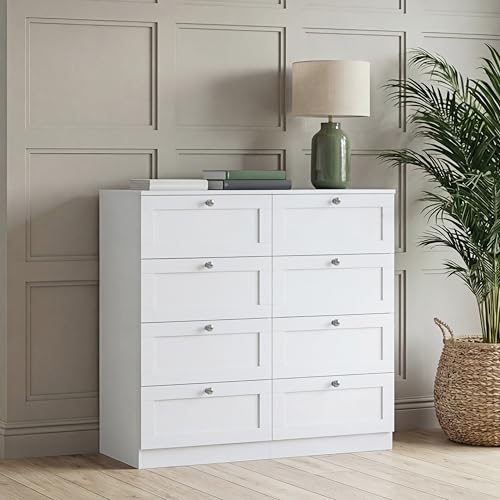 Vida Designs Altino 8 Drawer Chest of Drawers - White - H 99 x W 100 x D 36 cm - Wide Bedroom Storage Unit - Easy Assembly - Clothes Storage Cabinet - Modern Shaker Style Hallway or Guest Room