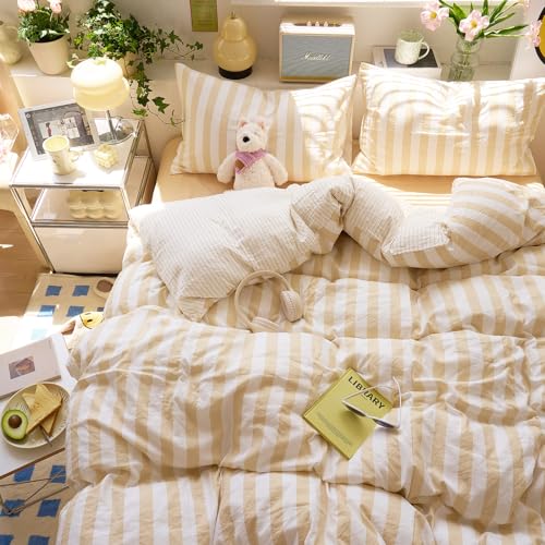 EAVD Beige Striped Duvet Cover Twin XL Soft Washed Microfiber Striped Reversible Bedding Set with 2 Pillowcases Modern Farmhouse Geometric Pattern Duvet Cover with Zipper Closure