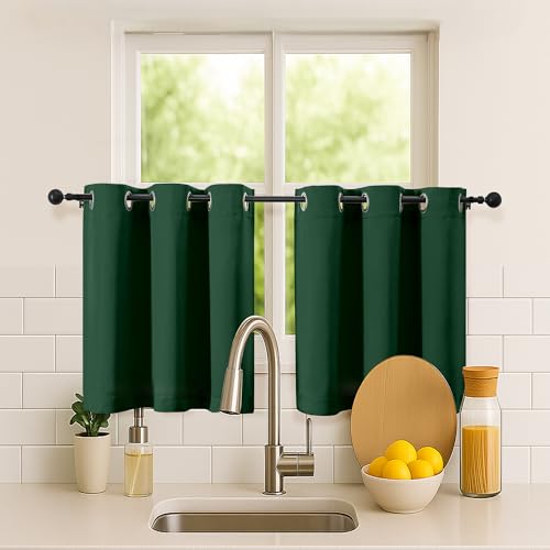 Simplebrand Ever Green Short Kitchen Curtains 24 Inch Length 2 Panels Set, Small Windows Room Darkening Curtain for Bathroom, Cabinet, Basement, RV Camper, Thermal Insulated Short Drapes, 40 x 24 Inch