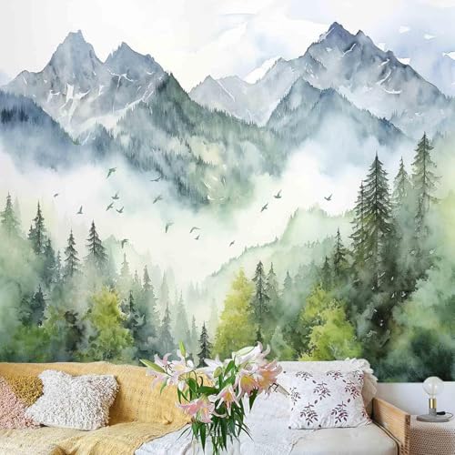 Atrippy Nature Forest Mountain Wall Tapestry for Bedroom, Large Green Misty Foggy Sage Trees Room Decor Tapestries Aesthetic, Landscape Backdrop for Living Room Dorm Office 60x79 Inches