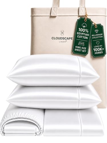 Cloud Scape Linen Engineered Dual-Ply Egyptian Cotton King Size Sheet Set ??? Long-Staple Sateen Weave, 4-Piece Soft Hotel Quality Bedding Set,Deep Pockets Up to 16???, White