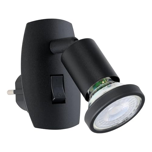 Eglo Parrini Plug lamp, Socket lamp with Switch, Light Swivel spot, Metal and Plastic in Black, Warm White
