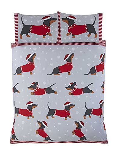 Rapport Home Dachshund Through The Snow Single Duvet Cover Set - Festive Red Christmas Bedding with Charming Sausage Dog Print & Pillowcase - 2 Piece Set, Red