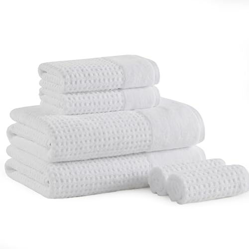 Madison Park Spa Waffle 100% Cotton Luxurious Towel Set, Premium Texture Waffle Weave, Highly Absorbent, Quick Dry, Hotel & Spa Quality Wash Clothes for Bathroom, Assorted Sizes, White 6 Piece