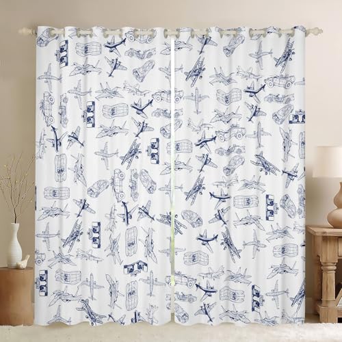 Feelyou Aircraft Darkening Dreapes Kids Airplane Print Curtains for Bedroom Living Aircraft Flying Blackout Curtains Sketch Style Blue White Window Treatments (2 Panels, 52 x 96 Inch)