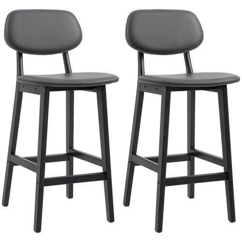 HOMCOM Bar Stools Set of 2, Breakfast Bar Chairs, PU Leather Upholstered Kitchen Stools with Backs, Footrests and Solid Wood Legs, Dark Grey