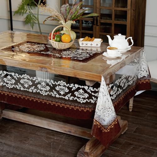 Artbloss Clear Table Protector Cover Vinyl Rectangle PVC Tablecloth with Damask Pattern Waterproof Oil Proof Wipeable Plastic Tablecloths for Home Kitchen Dining Table (Damask, 60 x 104 Inches)
