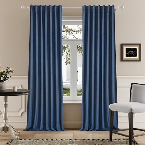 DUALIFE Blue Linen Full Blackout Curtains 108 Inch Length 2 Panels Set for Living Opaque Privacy Back Tab Thermal Insulated 100% Black Out Room Darkening 9ft Window Curtain Drapes 108 Inches Long