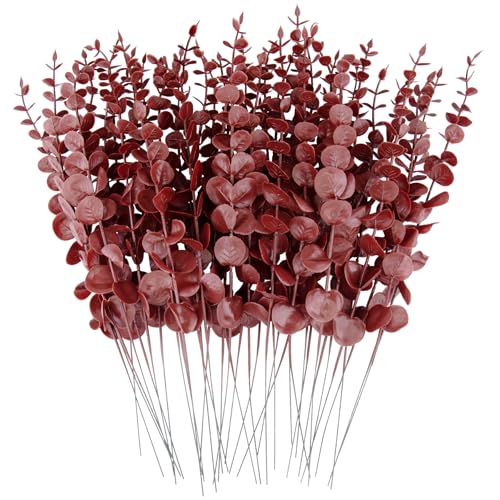 FEQO 36 Pcs Red Eucalyptus Stems - 15 Inch Artificial Leaves and Branches for Vase, Wedding Bouquet, Home Decor