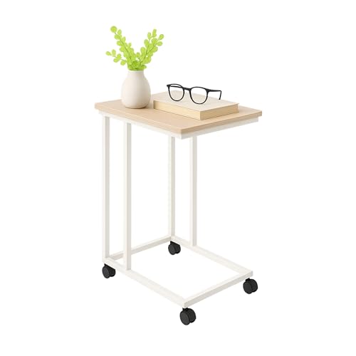 Relaxdays side table on wheels, HWD: 68 x 50 x 35 cm, MDF, metal, C-shape, coffee table for sliding under, brown/white