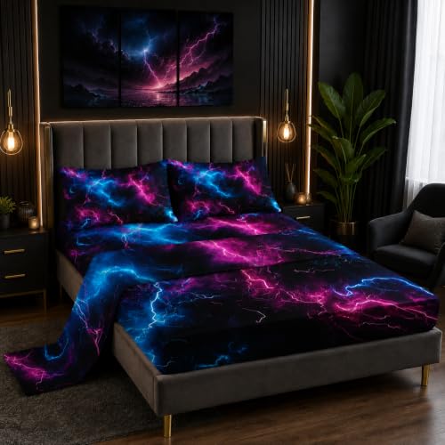 "Nttopship Geometric Blue and Pink 4 Pieces Bed Sheet Sets Full Size Lightning Bedding Sets with 16"" Deep Pockets Honeycomb Bedroom Decor,Bedding Set 4 PCS(1 Fitted+1 Flat+2 Pillowcases)"