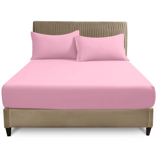 """GC GAVENO CAVAILIA Double Fitted Sheet - 25cm Deep Polycotton Bed Sheet - Soft, Durable & Wrinkle Resistant Easy Care Plain Dyed Bedding - Pink Deep Mattress Bottom Sheet - 135 x 190 cm"""