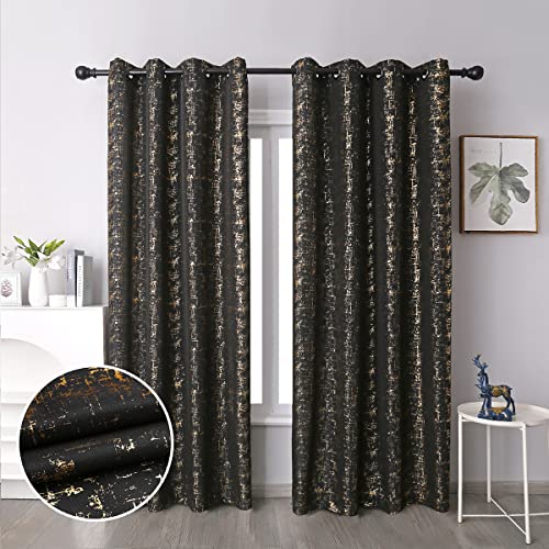 "Taisier Home Gold Foil Print Linen Textured Curtains - Geometric Dots Pattern Design for Bedroom & Living Room - Thermal Insulated Window Treatment, 2 Panels, 95"" L, Black & Gold"