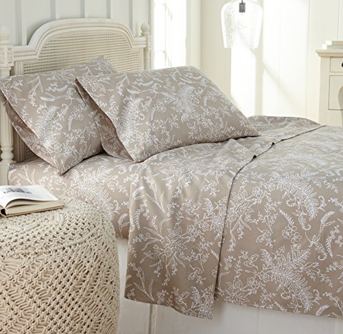 Southshore Fine Living, Inc. 4 Piece Beige Floral Sheets Queen, 15 Inch Deep Pocket Queen Sheet Set, Vintage Botanical, Double Brushed Microfiber, Hotel Quality Easy Care, Warm Sand w/White Flowers