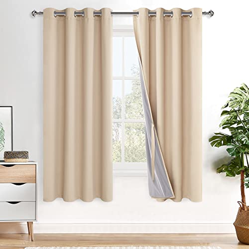 XWZO 100% Blackout Window Curtains with Tiebacks- Privacy Protection & Noise Blocking Window Draperies Grommet Top with Black Liner for Bedroom/Living Room, Biscotti Beige, W52 x L72, Set of 2 Panels