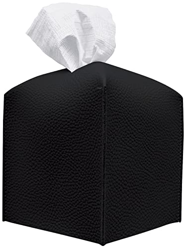 carrotez Tissue Box Cover, [Refined] Modern PU Leather Square Tissue Box Holder - Decorative Holder/Organizer for Bathroom Vanity Countertop, Night Stands, Office Desk & Car 5X5X5 - Black