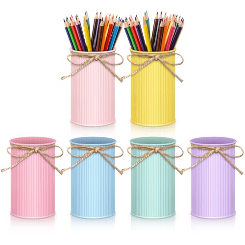 Domensi 6 Pcs Pastel Metal Pencil Holder Colorful Pen Crayon Cup Metal Buckets Mason Jars with Twine Bow Galvanized Small Tin Vases for Artificial Flowers Classroom Office Stationery Storage