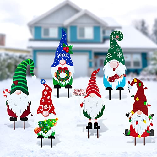 Sosation 6 Pcs Metal Christmas Yard Sign Decoration Gnome Yard Stake Outdoor Patio Yard Lawn Signs Decorative Garden Stakes for Outside Xmas Holiday Garden Pathway