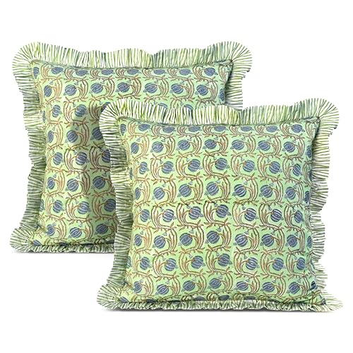 "Ridhi Block Print Apple Green Floral Throw Pillow Cover 20"" x 20"" (Pack of 2) Decorative Cushion Covers with Ruffle for Couch, Sofa, Bed, Living Room, Home Decor Gift for Spring, Easter, Valentine"