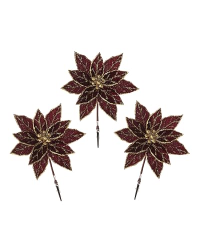 WeRChristmas Set of 3 Burgundy Glitter Poinsettias, 15cm - Set of 3 burgundy 15cm glitter poinsettias with layered petals for Christmas trees, wreaths, garlands and arrangements