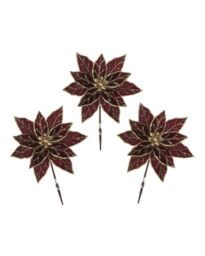 WeRChristmas Set of 3 Burgundy Glitter Poinsettias, 15cm - Set of 3 burgundy 15cm glitter poinsettias with layered petals for Christmas trees, wreaths, garlands and arrangements