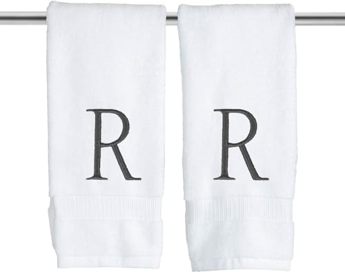 White with Dark Gray Monogrammed Hand Towels for Bathroom Set of 2 Letter R - Luxury Hotel Quality Initial Towels For Powder Room, Spa, GOTS Organic Certified