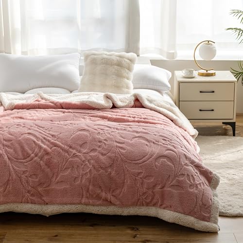 UKELER Sherpa Fleece Blanket 50 ?? 60 inch Fuzzy Soft Bed Blanket Thick Floral Throw Blanket for Couch Sofa Bed Office Camping, Pink