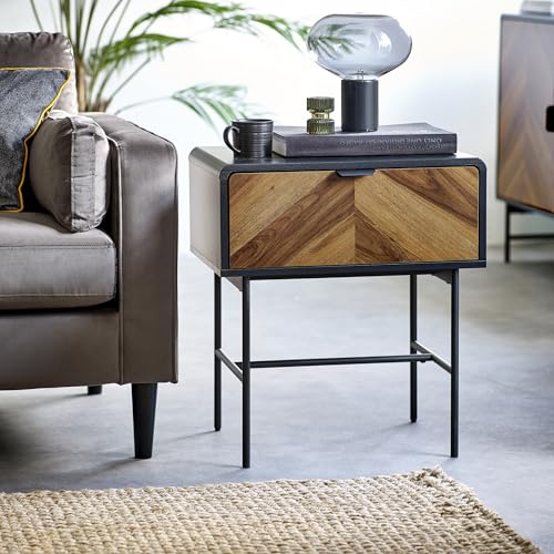 Julian Bowen Alvin Black Side Table - Small End Table with 1 Drawer for Living Room, Dark Wood Effect Chevron Bedside, Retro Design - H 63 x W 56cm