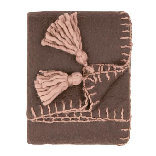 furn. Lowen Throw (Chocolate - 130x170cm) - Brushed Stitch Edge Jumbo Tassels Soft Cosy Wool Blend Blanket