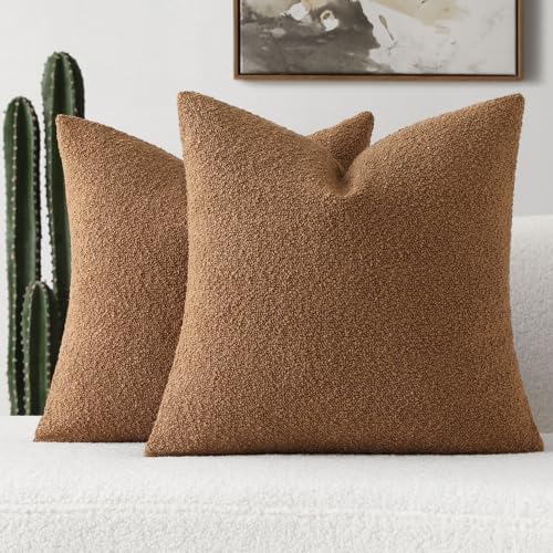 FUTEI Pack of 2 Tobacco Decorative Throw Pillow Covers 16x16 Inch Soft Cozy Solid Boucle Textured Cushion Case,Modern Home Decor for Couch Bed Living Room