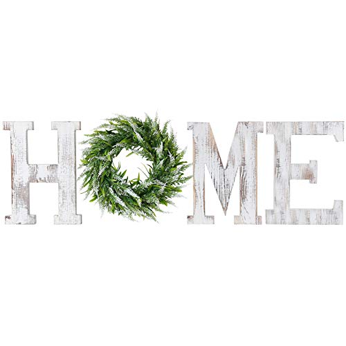 LOSOUR Home Letters with Wreath-Farmhouse Decor for The Home Wood Letters-Decorative Home Sign for Living Room Decor, Entry Way, Kitchen, etc (White)