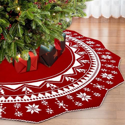 OurWarm Christmas Tree Skirt 60 Inch, Knit Red Tree Skirt with Poinsettia Pattern, Rustic Double-Sided Large Knitted Xmas Tree Skirt for Christmas Tree Indoor Holiday Party Christmas Decorations