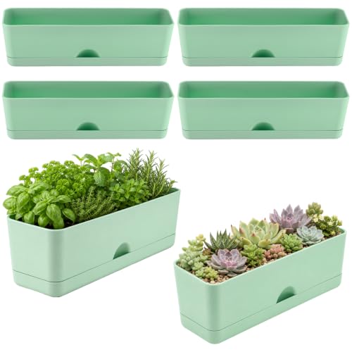 6 Pack Rectangle Planter 16x4.4 Inch Window Boxes Planters Rectangular Large Window Sill Planters Indoor Self Watering Plant Pots with Drainage Holes and Saucers Succulent Herb Flower Pots, Green