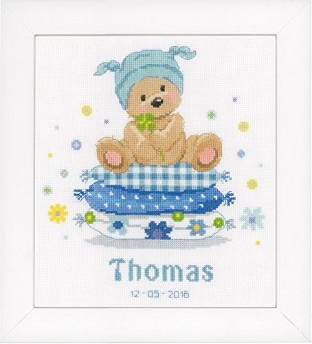 Vervaco Counted Cross Stitch: Birth Record: Bear On Pillow, COTTON NA, 22 x 24cm