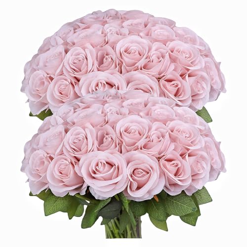 JUSMAI 50pcs Roses Artificial Flowers Real Touch Fake Flowers with Long Stems Silk Flowers for Wedding Bouquet Centerpices Decorations Party Bridal Baby Shower Home Decor (Dusty Pink)
