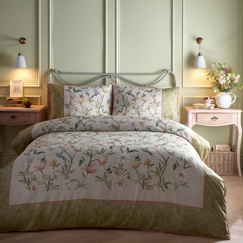 Appletree - Sage Green Floral & Humming Birds Duvet Cover - King Bedding Size (230 x 220cm) - 200 Thread Count - 100% Cotton Sateen - 2 Pillowcases - Green Floral Bedding with Birds